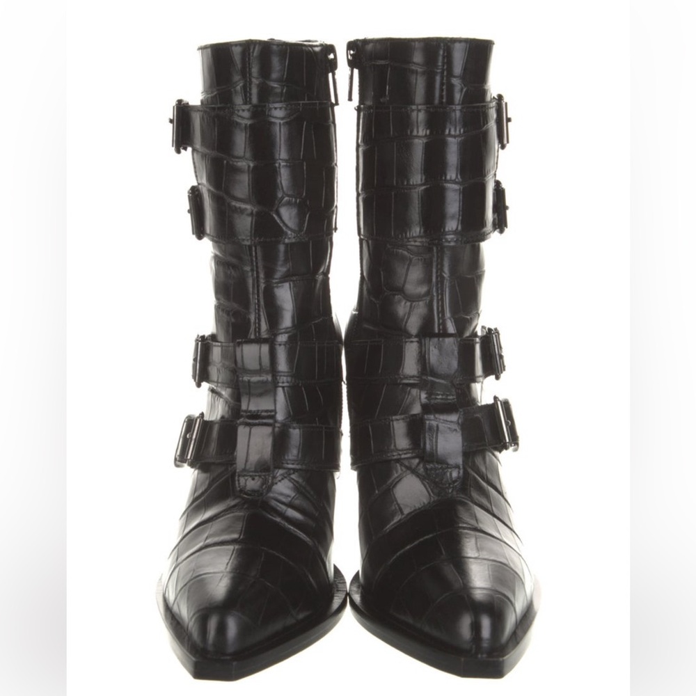 Pinko Lucciola Black Leather Croc Print Moto Boots - Picture 4 of 11